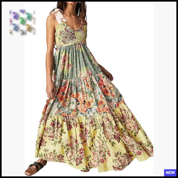 Boho Floral Maxi Dress Smocked Bodice Tiered Skirt Tie Shoulder Pockets
